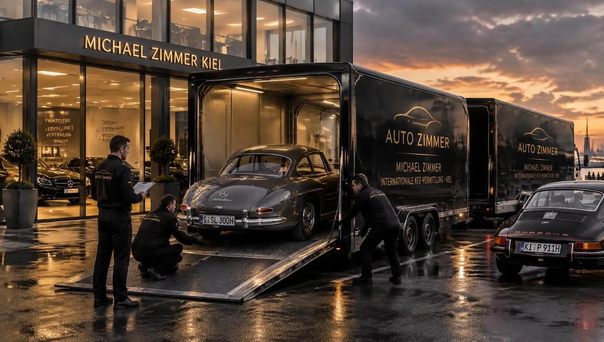 Enclosed covered transporter loading a collector vehicle at the Michael Zimmer logistics terminal in Kiel