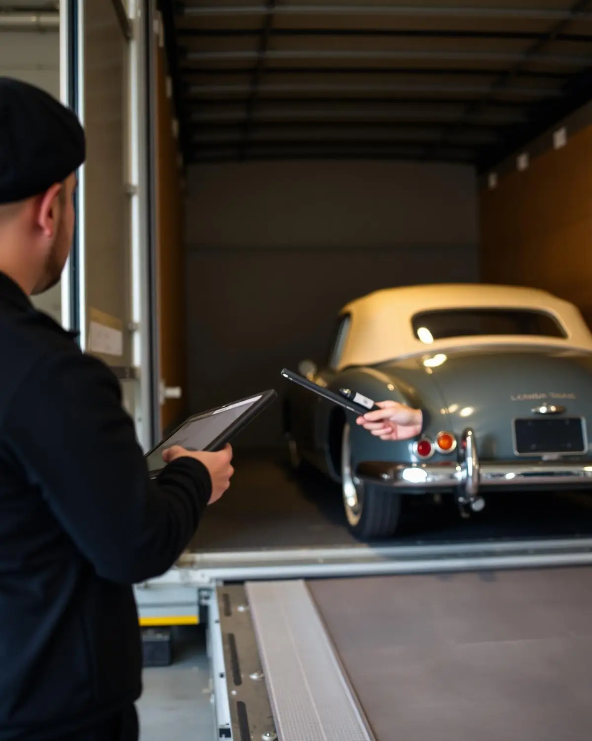 Logistics specialist carrying out a photographic condition inspection before loading